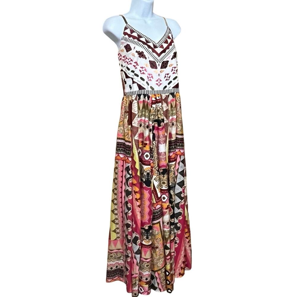 Boho Embroidered Smocked Maxi Dress Women's M Festival Geometric Hippie Resort - Picture 2 of 8